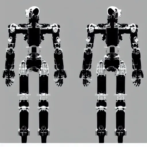 Image similar to “Front and back full body full height | sleek futuristic biped mecha | super high resolution photo | White background | Front and rear | Orthographic engineering diagram.”