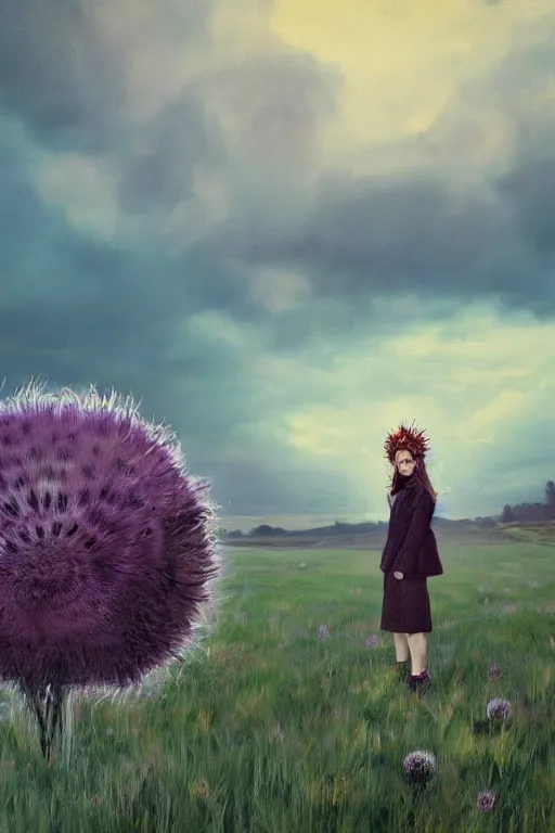 Image similar to portrait, enormous thistle flower head, a girl wearing coat in field, surreal photography, wind and cold, dramatic sky, impressionist painting, digital painting, artstation, simon stalenhag