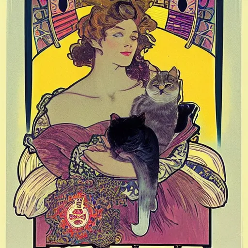 Image similar to a vintage poster with border of a Caucasian fortune teller lady with curly hair, a spread of tarot cards on a table, cats on her side, in a colorful tent, Alphonse Mucha poster ,