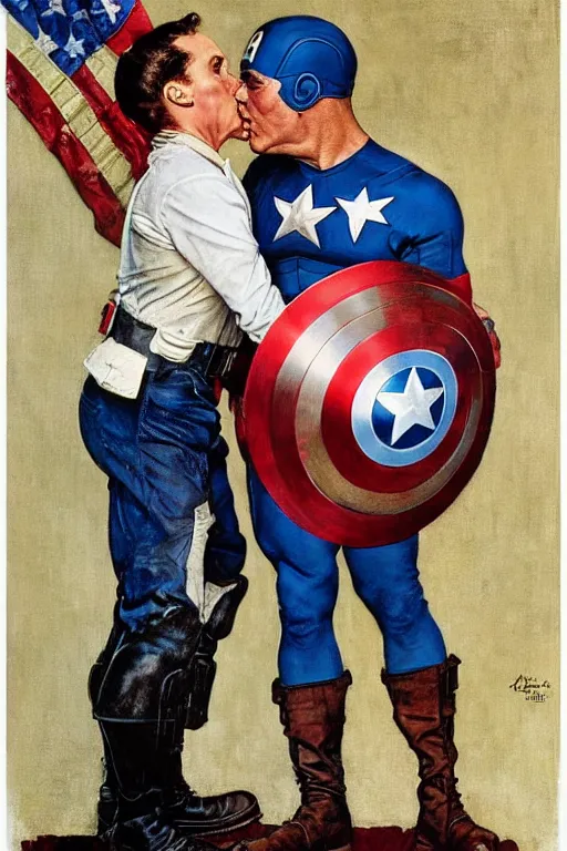 Image similar to norman rockwell painting of captain america kissing donald trump