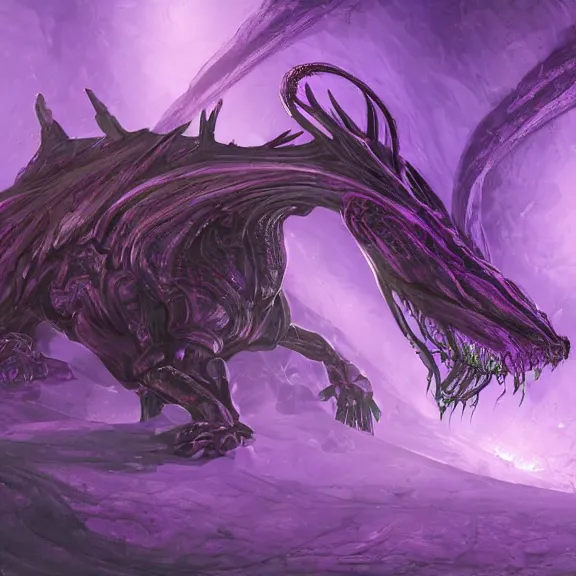 Image similar to inside a cavernous robotic stomach, the walls purple and pulsing, acid pooling inside, acid melting a small dragon, food pov, micro pov, prey pov, vore, dragon vore, digital art, pov furry art, anthro art, furry, warframe art, high quality, 8k 3D realistic, macro art, micro art, Furaffinity, Deviantart, Eka's Portal, G6