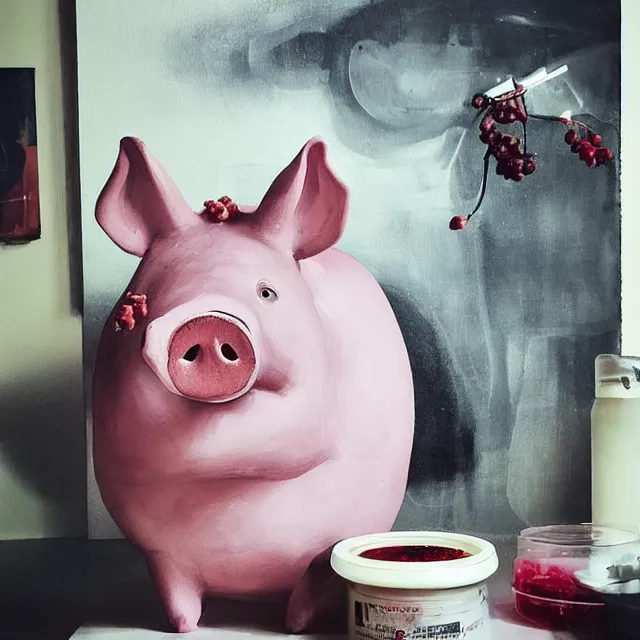 Prompt: “ a portrait in a female art student ’ s apartment, sensual, a pig sculpture work in progress, art supplies, paint tubes, ikebana, herbs, a candle dripping white wax, black walls, squashed berries, berry juice drips, acrylic and spray paint and oilstick on canvas, surrealism, neoexpressionism ”