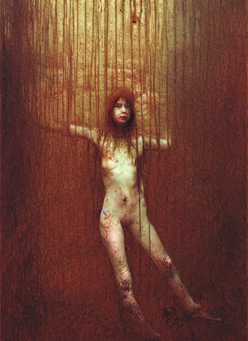 Prompt: dirty pale girl in rags inside cage by Beksinski