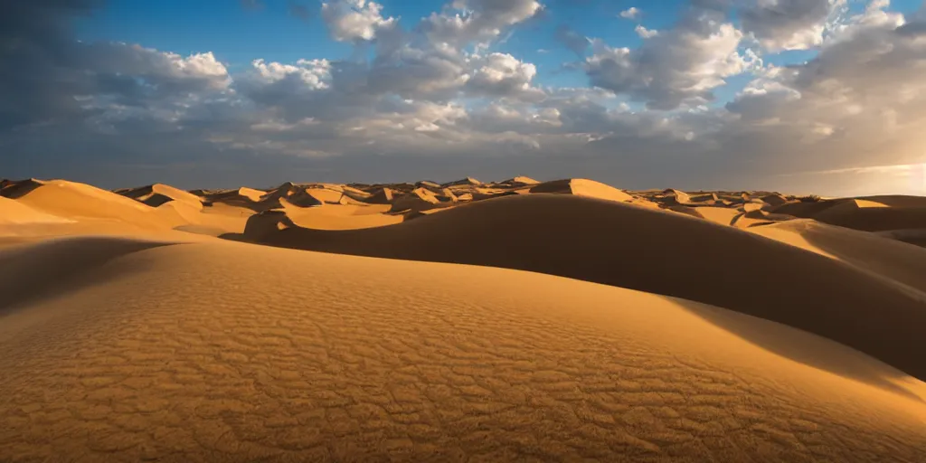 Prompt: a desert landscape of sand dunes, dramatic lighting