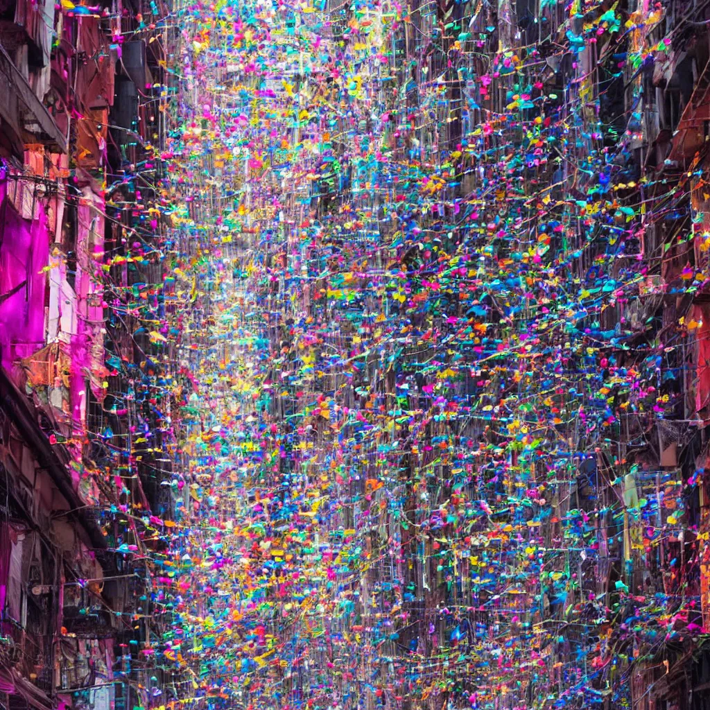 Prompt: thin streamers of multi-colored glitter floated in the narrow streets of a cyberpunk city