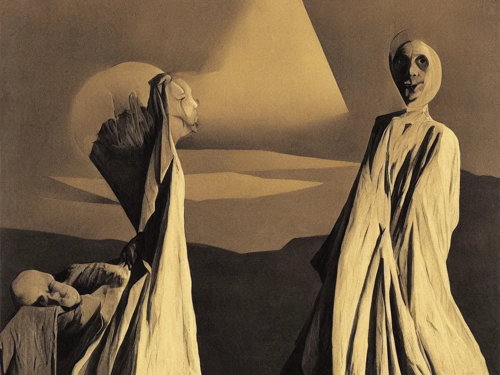 Prompt: Portrait of a albino hooded white cloaked man hypnotized by the floating nipple. Sacred wound. The realm of the Moth. Aurora night, sweaty mountain, the antler people, African mask, acid rains. Trembling waters. Painting by Georges de la Tour, Rene Magritte, Jean Delville, Max Ernst, Alfred Kubin