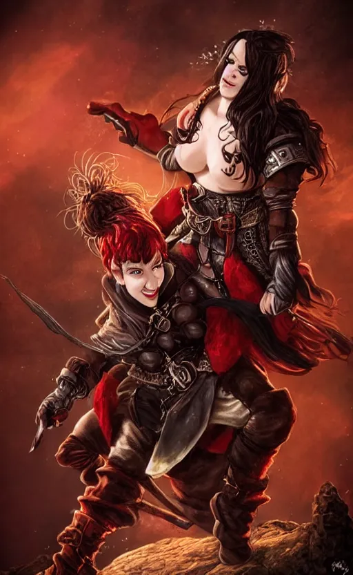 Image similar to epic fantasy d & d female halfling rogue riding on top of mr wobbles, black hair, red leather corset, cinematic, beautiful lighting, heroic