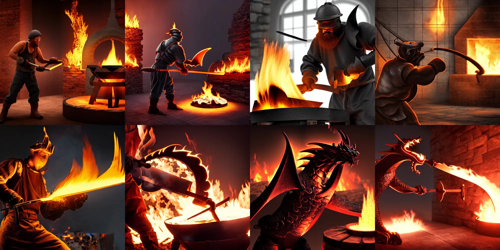 Prompt: a blacksmith fighting his forge the forge flames are shaped like a dragon the blacksmith is strong, high particle count, highly reflective, fire, smoke, misty, high quality render, realistic lighting