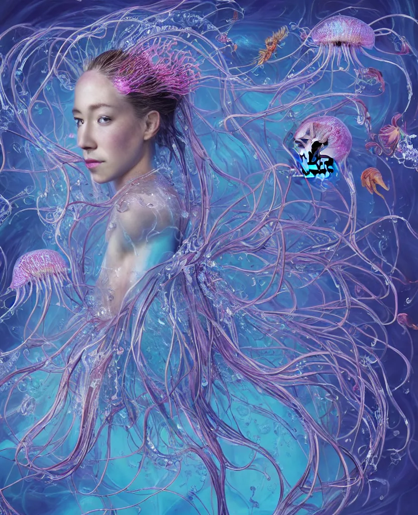 Image similar to close-up portrait of the face of a beautiful princess, surrounded by intricate twisted flowers orchid jellyfish and energy flow, water and plasma flow splashes, epic angle and pose, symmetrical artwork, 3d with depth of field, blurred background, floating jellyfish skull phoenix bird, translucent, nautilus, energy flows of water and fire. a highly detailed epic cinematic concept art CG render. made in Maya, Blender and Photoshop, octane render, excellent composition, cinematic dystopian brutalist atmosphere, dynamic dramatic cinematic lighting, aesthetic, very inspirational, arthouse. y Greg Rutkowski, Ilya Kuvshinov, WLOP, Stanley Artgerm Lau, Ruan Jia and Fenghua Zhong