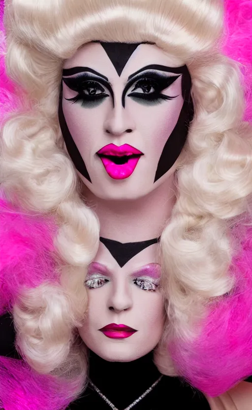 Image similar to 4k art deco portrait of a drag queen with an expression of shock and surprise wearing: heavy drag makeup, pink glitter bodysuit, huge blonde wig with bouffant hairdo, a pink oversized bow on top of wig
