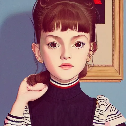 Image similar to little girl wearing an gucci's outfit. art by ilya kuvshinov, profile picture, inspired by balthus, highly detailed, 8 0 s anime art style, realistic, vogue cover