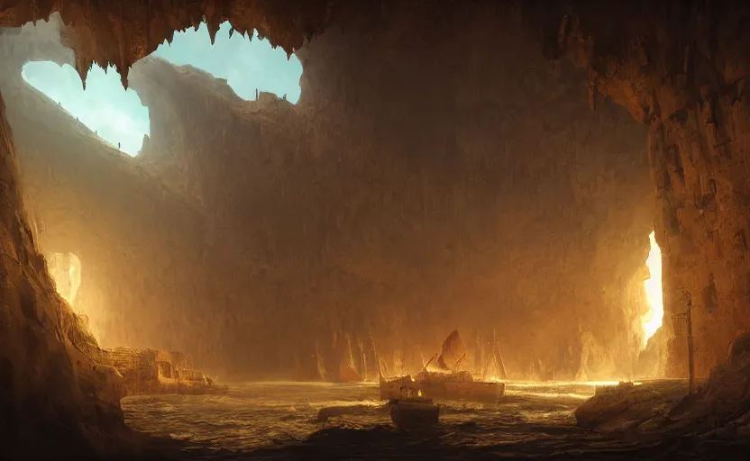 Prompt: A big galleon ship, three masts, front and center, in a cave. Underexposed, dark, pyramidal composition. Atmospheric matte painting by Darek Zabrocki and Christophe Vacher
