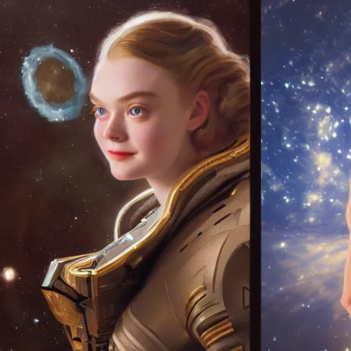 Image similar to sargent and leyendecker and peter paul rubens, head and shoulders portrait of a elle fanning in space, stephen bliss, unreal engine, fantasy art by global illumination, radiant light, detailed and intricate environment