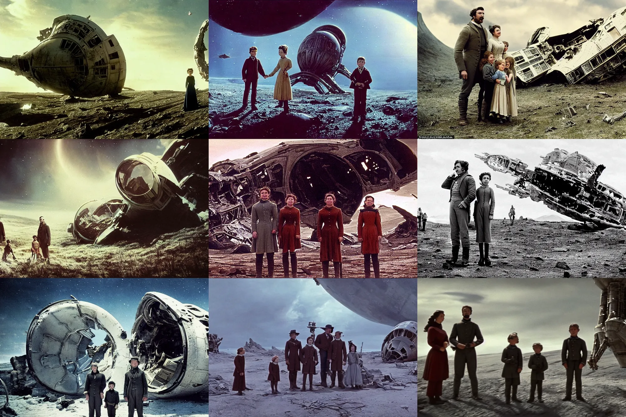 Prompt: sharply detailed, 7 0 mm film from blockbuster 8 k sci fi color movie freeze frame, set 1 8 6 0, family standing in front of crashed spaceship, on alien planet, looking happy, wearing 1 8 5 0 s era clothes, atmospheric lighting, in focus, reflective eyes, 2 mm lens, live action, nice composition and photography, clear facial features