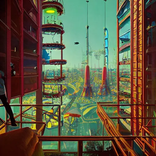 Prompt: a man standing in a futuristic penthouse apartment looking out onto an endless horror amusement park, artwork by simon stalenhag