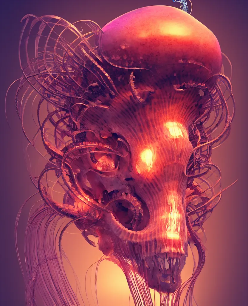 Image similar to goddess close-up portrait ram skull. jellyfish phoenix head, nautilus, orchid, skull, betta fish, bioluminiscent creatures, intricate artwork by Tooth Wu and wlop and beeple. octane render, trending on artstation, greg rutkowski very coherent symmetrical artwork. cinematic, hyper realism, high detail, octane render, 8k