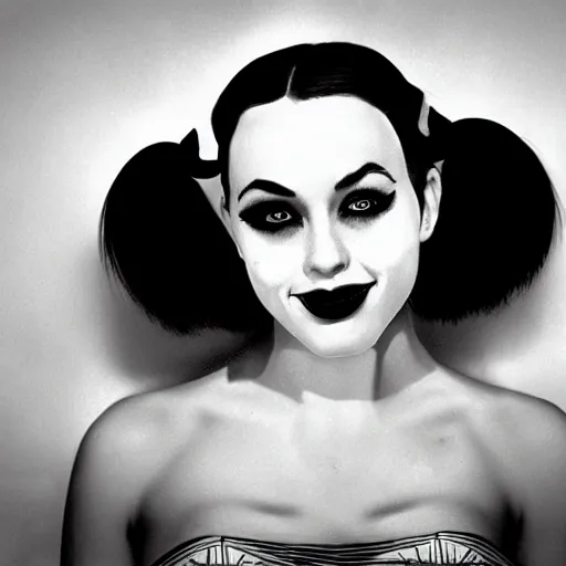 Image similar to Harley Quinn, realistic, portrait, black and white photography, 1960