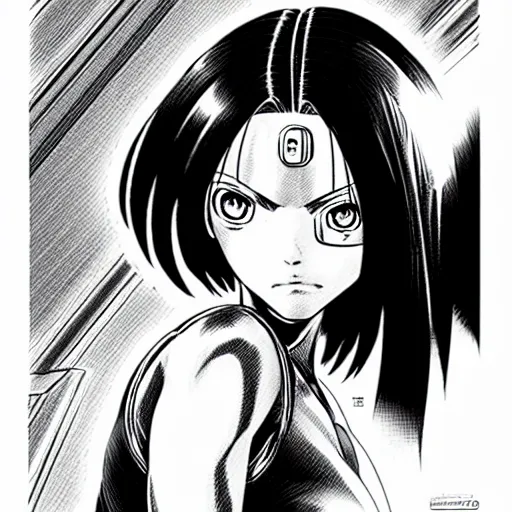 Image similar to alita by yukito kishiro. medium shot. black and white manga. pencil drawing.