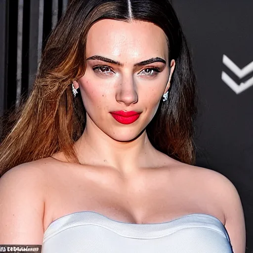 Image similar to a woman who is a genetic combination of kim kardashian and kat dennings and scarlett johansson and margot robbie and emma watson, face and upper - body focus, detailed eyes