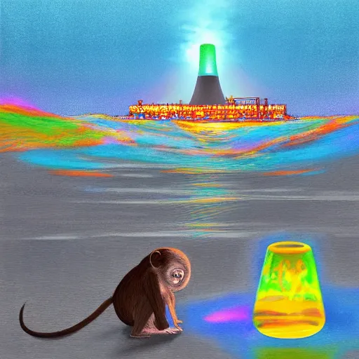 Prompt: high quality digital painting, monkeys playing with glowing radioactive rocks, nuclear power plant in the background