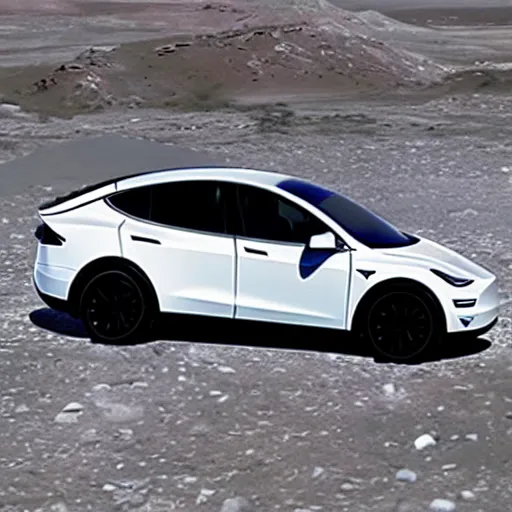 Prompt: a white tesla Model Y on the moon