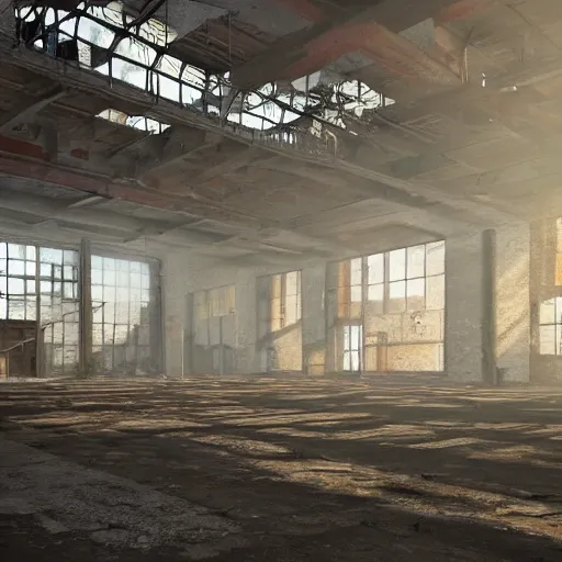 Prompt: abandoned industrial factory interior, sunlight filtering through the windows, digital art, trending on artstation