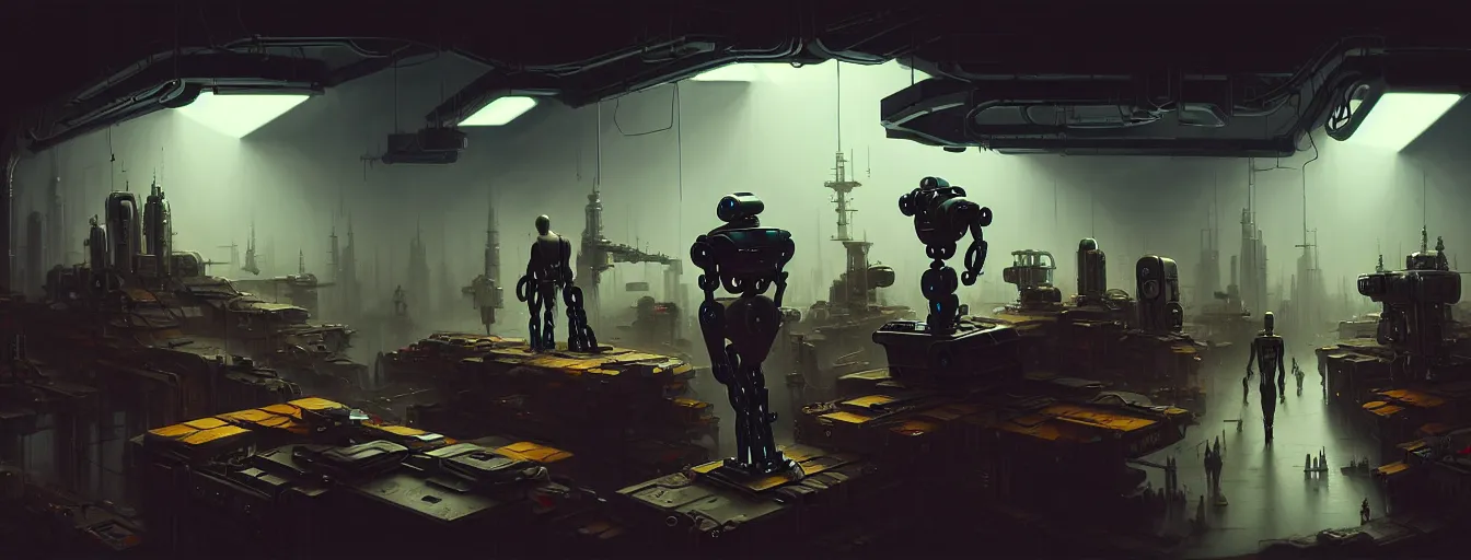 Image similar to robot repair workshop, blade runner artifacts, cyberpunk tech, ultrarealistic, futuristic, three point lighting, dramatic lighting, electrical details, high details, 4 k, 8 k, best, accurate, trending on artstation, photorealism, digital painting, style of peter mohrbacher, caravaggio, vitaly bulgarov