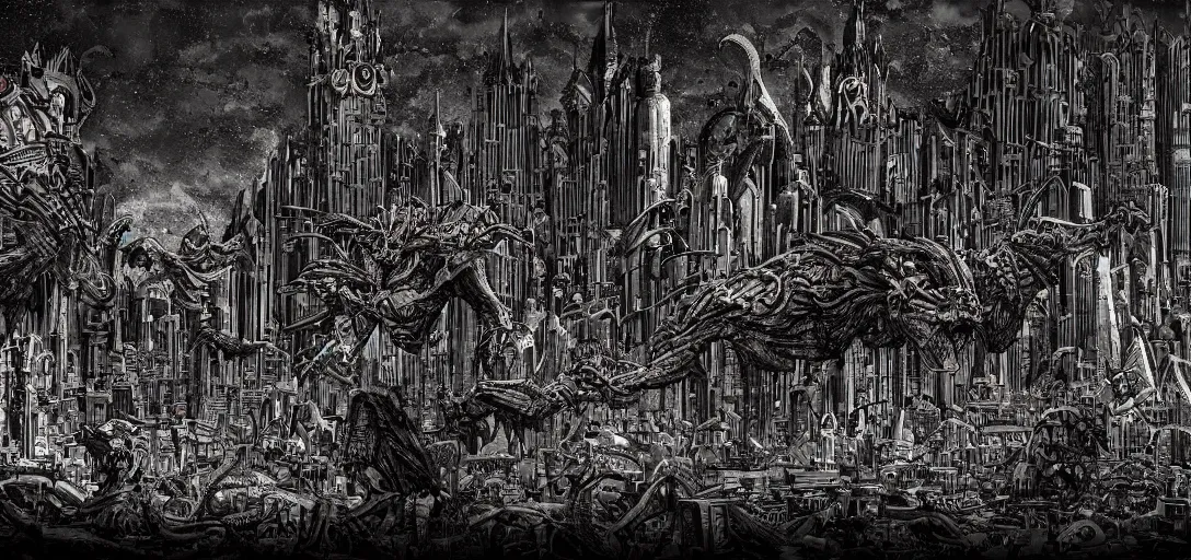 Prompt: Mega City with Monsters flying around it, gothic art, color, eerie, horror, scary, ominous, 8k, highly detailed