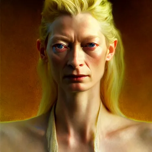 Image similar to young adult tilda swinton as lucifer morningstar, long blond hair, natural lighting, path traced, highly detailed, high quality, digital painting, by gaston bussiere, craig mullins, alphonse mucha j. c. leyendecker