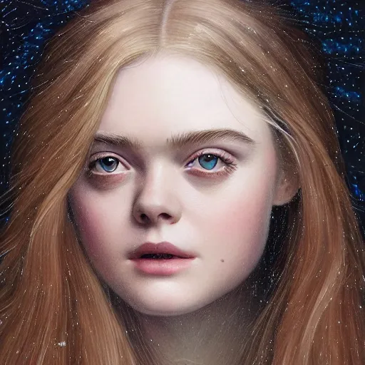 Prompt: professional painting of Elle Fanning in the style of James C. Christensen, head and shoulders portrait, symmetrical facial features, smooth, sharp focus, illustration, intricate, stormy weather, extremely detailed masterpiece,