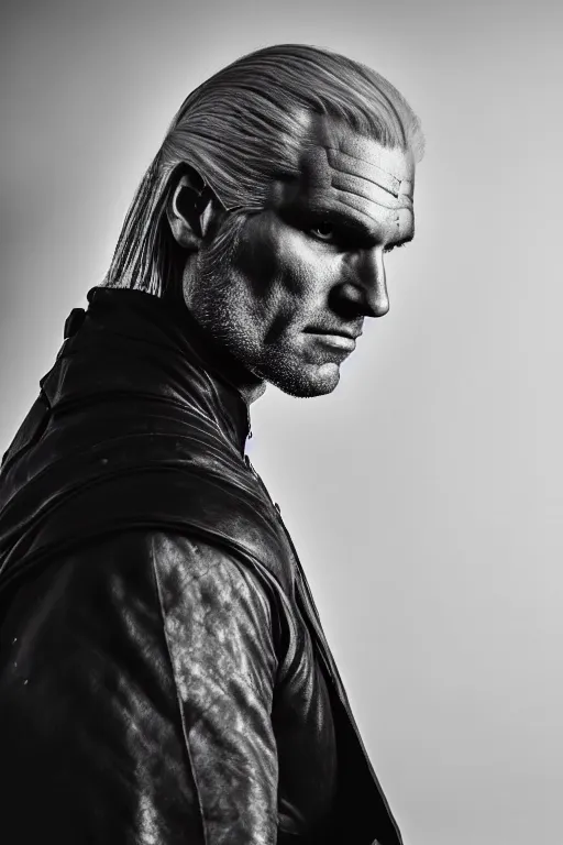 Image similar to portrait of geralt of rivia wearing an elegant tuxedo, 5 5 mm lens, professional photograph, black and white, elegant, serious, stern look