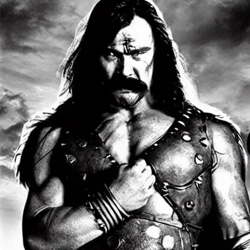 Image similar to conan the barbarian but he has a big moustache and he's at the opera