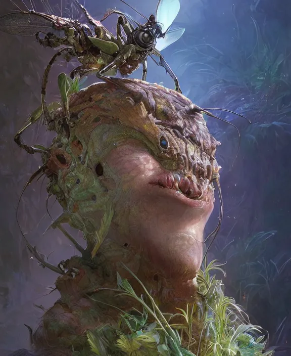 Image similar to portrait of an alien insect creature, adorable, childlike, overgrown environment, ultra realistic, concept art, psychedelic, photorealistic, octane render, 8 k, unreal engine. art by christopher marley and artgerm and greg rutkowski and alphonse mucha