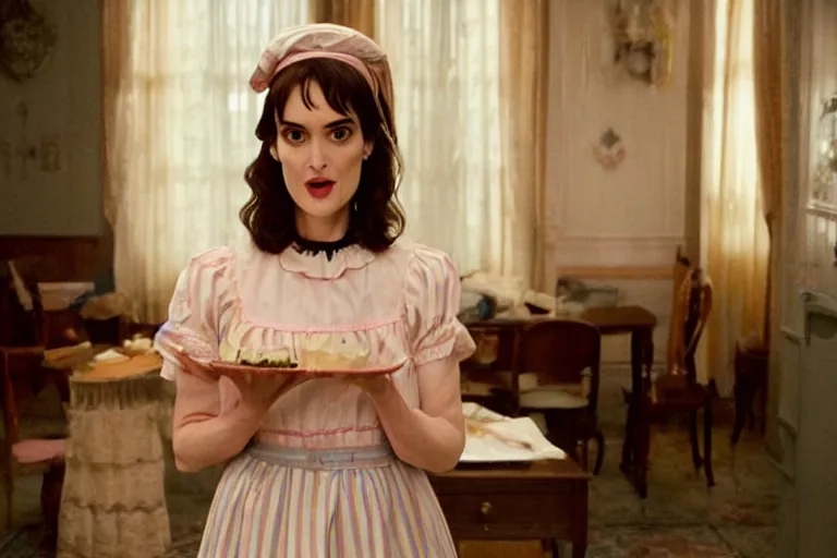 Prompt: mid-shot of winona ryder as a maid in the new movie directed by Wes Anderson, symmetrical shot, idiosyncratic, relentlessly detailed, pastel, limited colour palette, detailed face, movie still frame, promotional image, imax 70 mm footage