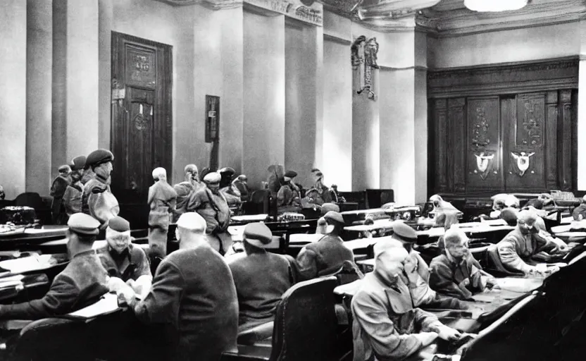 Image similar to 50s movie still of very diverse soviet generals head with very detailed faces in a stalinist parlement, by Alexei Guerman, Cinestill 800t 35mm black and white, heavy grainy picture, very detailed, high quality, 4k, HD criterion, precise texture, high quality face diversity, high quality haircut diversity, high quality age diversity