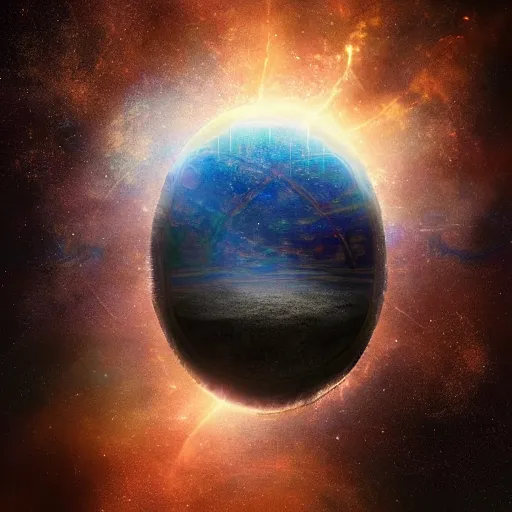 Image similar to the earth is the yolk of a galactic egg. the egg is slowly cracked open. digital art, dramatic lighting, comedy, science fiction, concept art, epic fantasy, surreal.