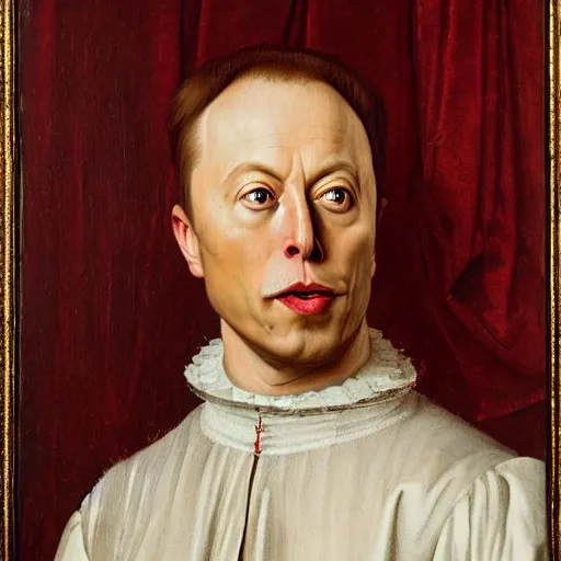 Image similar to portrait of elon musk, oil painting by jan van eyck, northern renaissance art, oil on canvas, wet - on - wet technique, realistic, expressive emotions, intricate textures, illusionistic detail