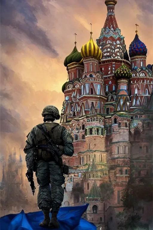 Image similar to special forces soldier raising ukrainian blue and yellow flag, kremlin st. basil cathedral in the background, masculine figure, d & d, fantasy, bright atmosphere, volumetric lights, intricate, elegant, extremely detailed, digital painting, artstation, concept art, matte, smooth, sharp focus, hyper realistic, illustration, art by artgerm and greg rutkowski and alphonse mucha