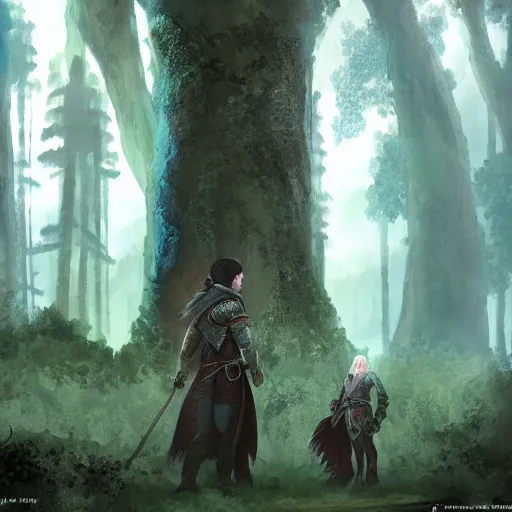 Image similar to high depth, published concept art, dragon age origins bioware morigan standing tall in forest with soft lighting