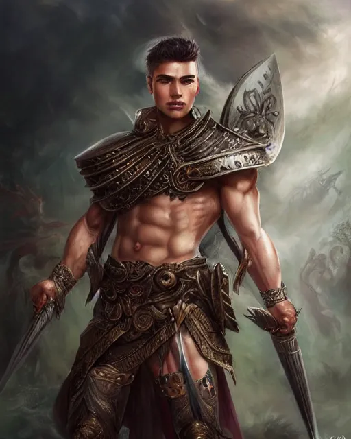Prompt: a beautiful male warrior, 8 k, hyperrealistic, hyperdetailed, fantasy portrait by laura sava