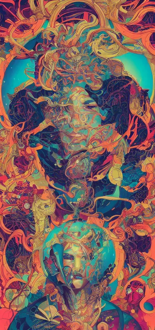 Prompt: tristan eaton, victo ngai, peter mohrbacher, artgerm portrait of a global consciousness. psychedelic. neon colors