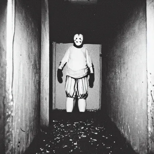 Prompt: a flooded creepy empty basement hallway with a clown standing in the dark, shaky, film grain, craigslist photo