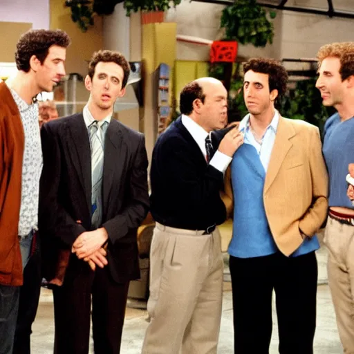 Prompt: thomas middleditch standing with kramer, jerry seinfeld, and george costanza on the set of the tv show seinfeld