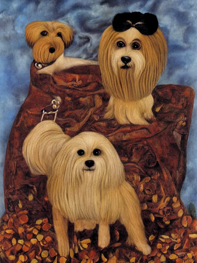 Image similar to portrait of a cream colored havanese dog as with a unibrow, surreal background, by frida kahlo