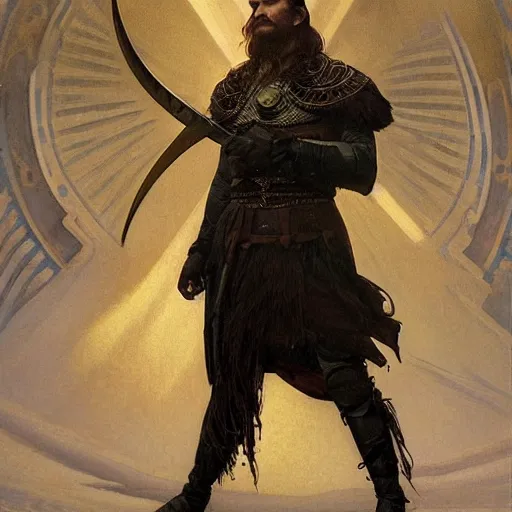 Image similar to pale, beautiful clean-shaven black-haired Viking lord wih sharp features, wearing a gilded black scale armor in the shape of art deco feathers and an arrogant heroic expression, by Greg Rutkowski, Brom, and Alphonse Mucha