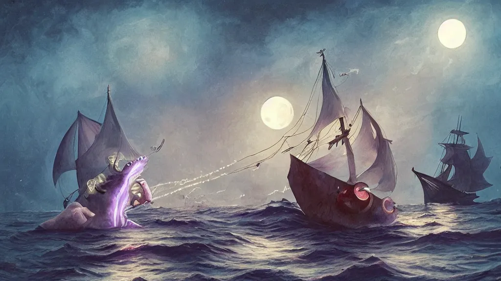 Prompt: a giant anglerfish at the surface of the water meets a sailor with a lantern on a sloop, background with large full moon and purple sky, in the styles of tom coletti, jorge jacinto, and thomas veyrat intricate, accurate details