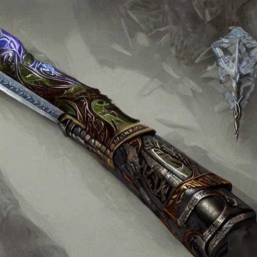 Prompt: a detailed painting of an enchanted sword, digital art, realistic painting, fantasy, dnd, concept art, very detailed, high definition, trending on artstation