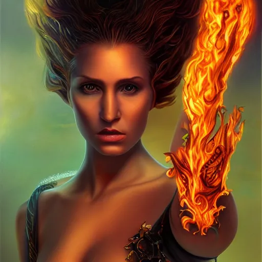 Prompt: A stunning portrait of a goddess with a body of flames by Jim Burns, 8K UHD, intricate, fantasy, Trending on artstation.