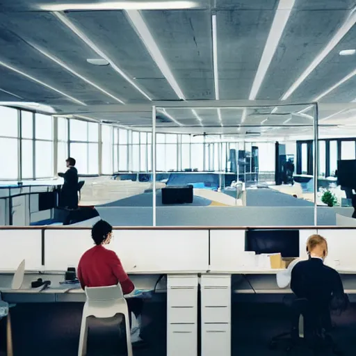 Prompt: a long shot, color studio photographic of a well disigned futuristic lookong office space with several busy staff working on their laptops, dramatic backlighting, photo from business insider 2 0 2 2, ultra realistic