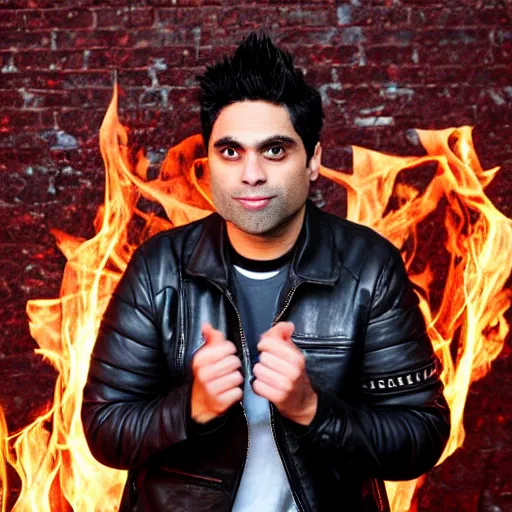 Prompt: ray william johnson surrounded by flames and wearing a leather jacket